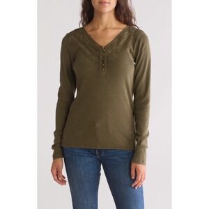 Lucky Brand Women's Tops Lace-Trim Vintage Washed Henley Long  Sleeve Gray Small